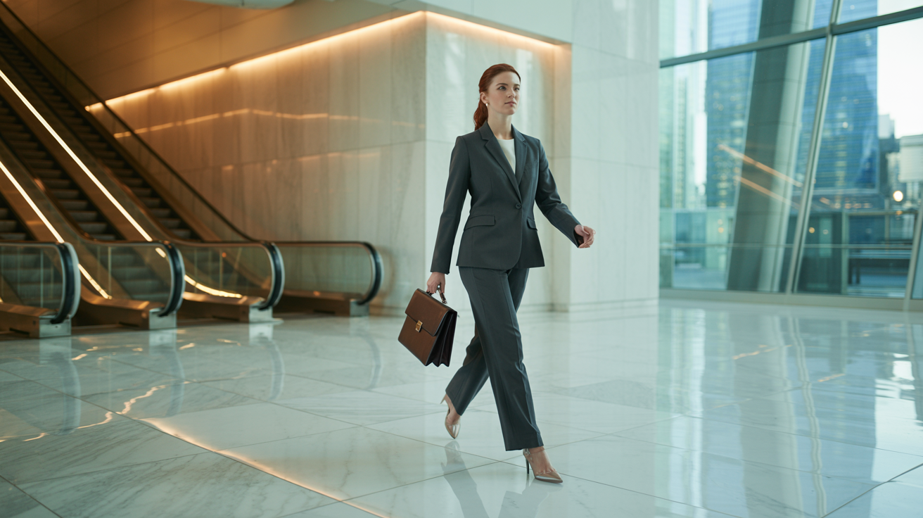 Confident job candidate entering an office building for a job interview