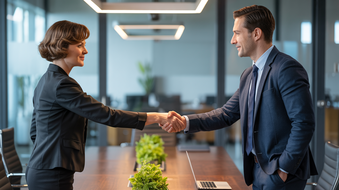 New employee and employer shaking hands after a successful job interview